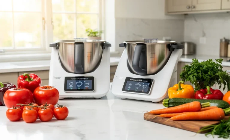 Les robots de cuisine Monsieur Cuisine Smart et Connect sont posés côte à côte sur un plan de travail moderne, entourés de légumes frais sous une lumière naturelle.