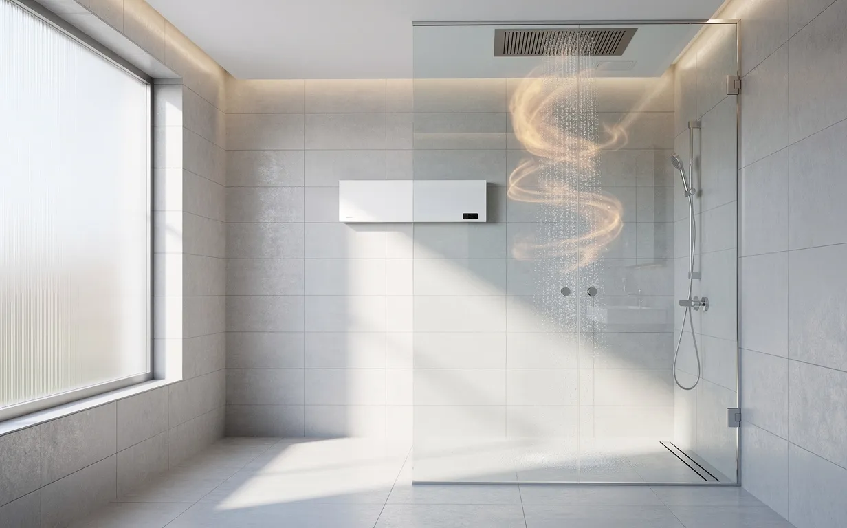 Salle de bain moderne avec un système de ventilation au-dessus de la douche, de la vapeur montant et la lumière du jour traversant une fenêtre dépolie.
