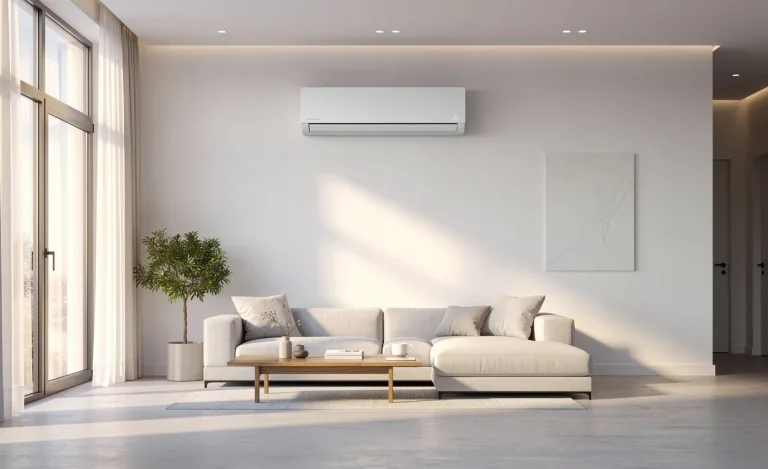 Salon moderne avec climatisation murale discrète, grandes fenêtres laissant passer la lumière naturelle et décoration minimaliste.