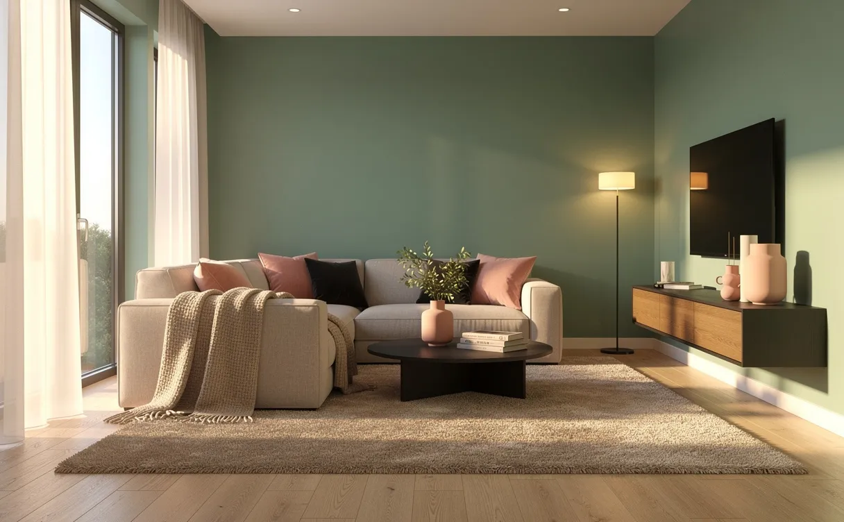 Salon moderne aux murs vert céladon avec des touches de beige, rose pâle et anthracite, éclairé par la lumière du jour entrant par de grandes fenêtres.