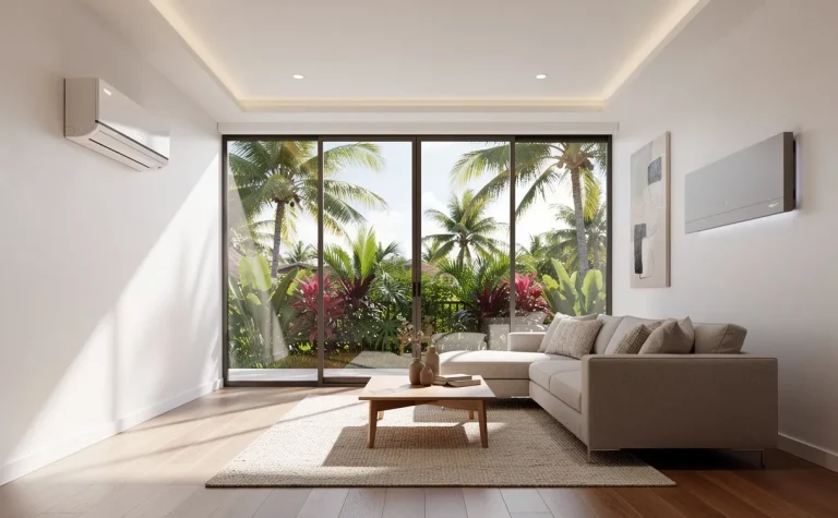 Salon moderne d’une maison tropicale avec climatisation, radiateur, larges fenêtres et vue sur la végétation luxuriante.