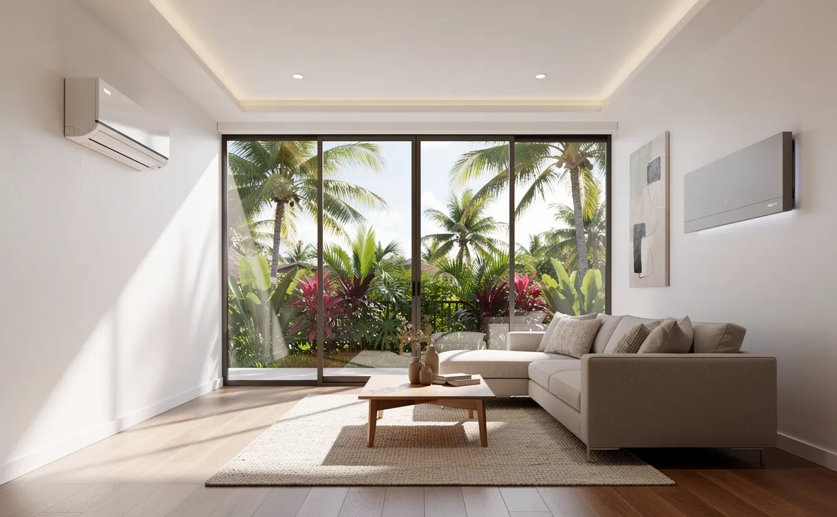 Salon moderne d’une maison tropicale avec climatisation, radiateur, larges fenêtres et vue sur la végétation luxuriante.