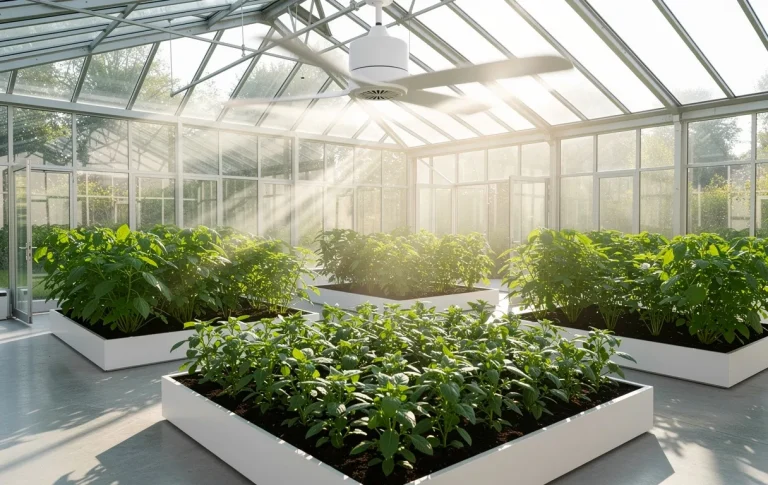 Intérieur lumineux d'une serre moderne avec ventilateur au plafond, rangées de plantes vertes et lumière naturelle filtrant à travers des vitres.