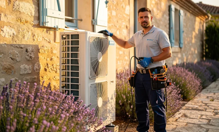 Un technicien en climatisation en uniforme se tient à côté d’une unité extérieure devant une maison en pierre d’Aix-en-Provence entourée de lavandes sous une lumière chaleureuse.