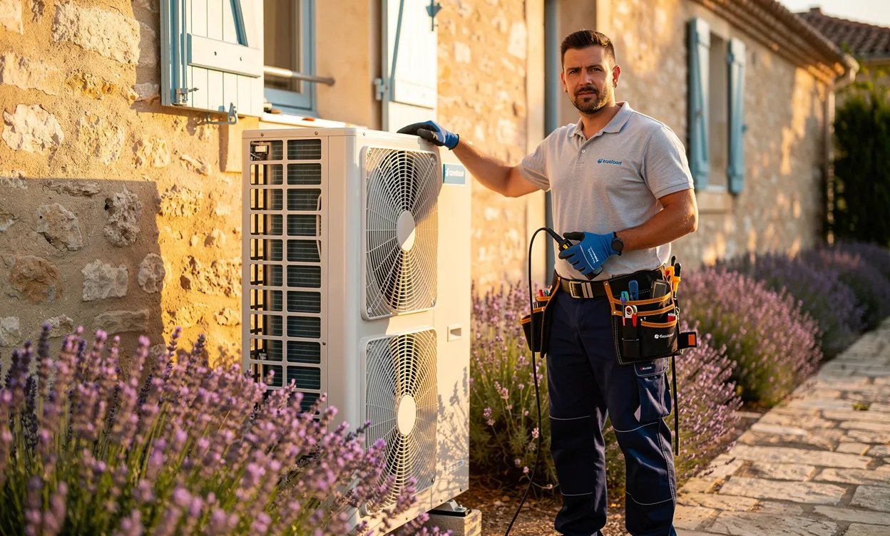 Un technicien en climatisation en uniforme se tient à côté d’une unité extérieure devant une maison en pierre d’Aix-en-Provence entourée de lavandes sous une lumière chaleureuse.