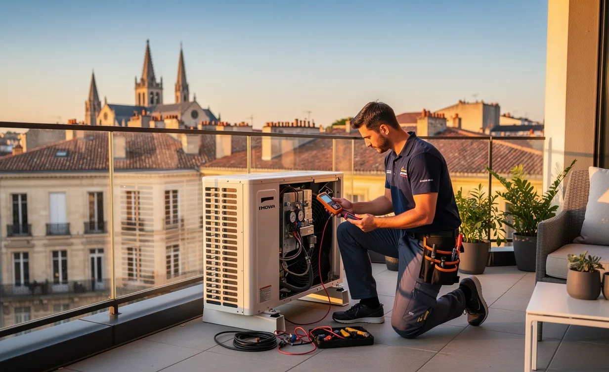 Un technicien CVC examine une unité de climatisation moderne sur le balcon d’un appartement à Bordeaux, avec les toits de la ville en arrière-plan au coucher du soleil.