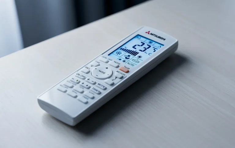 Télécommande Mitsubishi d’un climatiseur posée sur une table moderne, affichage rétroéclairé montrant des symboles de chauffage et de refroidissement.