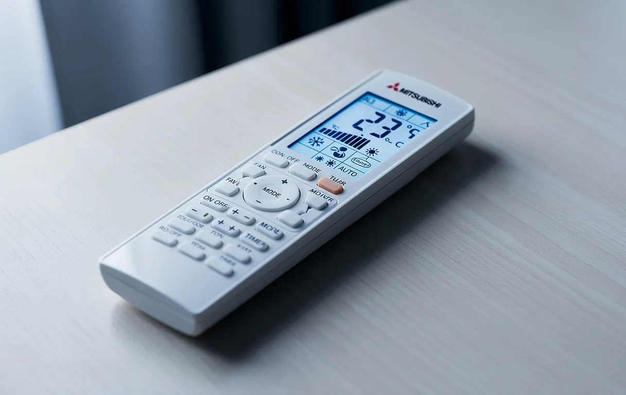 Télécommande Mitsubishi d’un climatiseur posée sur une table moderne, affichage rétroéclairé montrant des symboles de chauffage et de refroidissement.