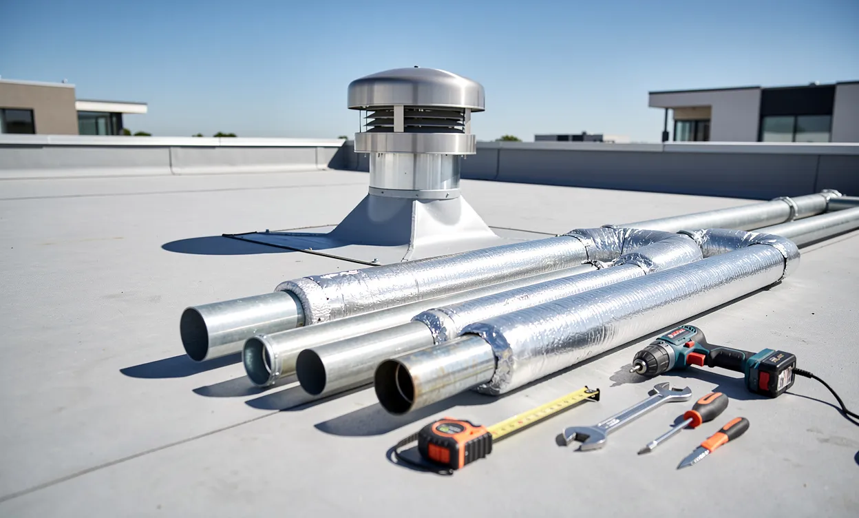 Une sortie de VMC installée au centre d’un toit moderne, entourée de gaines de différents diamètres et d’outils d’installation sous une lumière vive.
