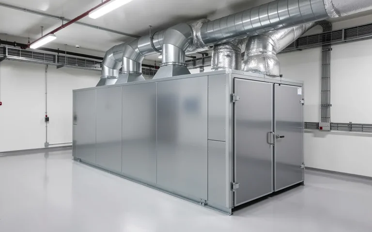 Un groupe de traitement d’air moderne en métal avec des conduits visibles est installé dans une salle technique propre et lumineuse.
