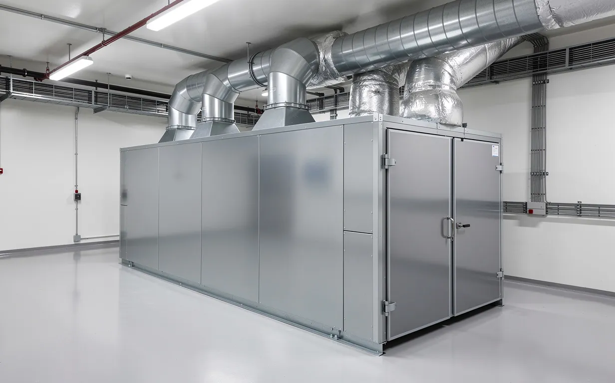 Un groupe de traitement d’air moderne en métal avec des conduits visibles est installé dans une salle technique propre et lumineuse.