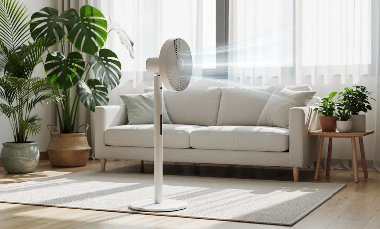 Un ventilateur moderne souffle de l’air frais dans un salon lumineux entouré de plantes vertes qui ondulent légèrement.