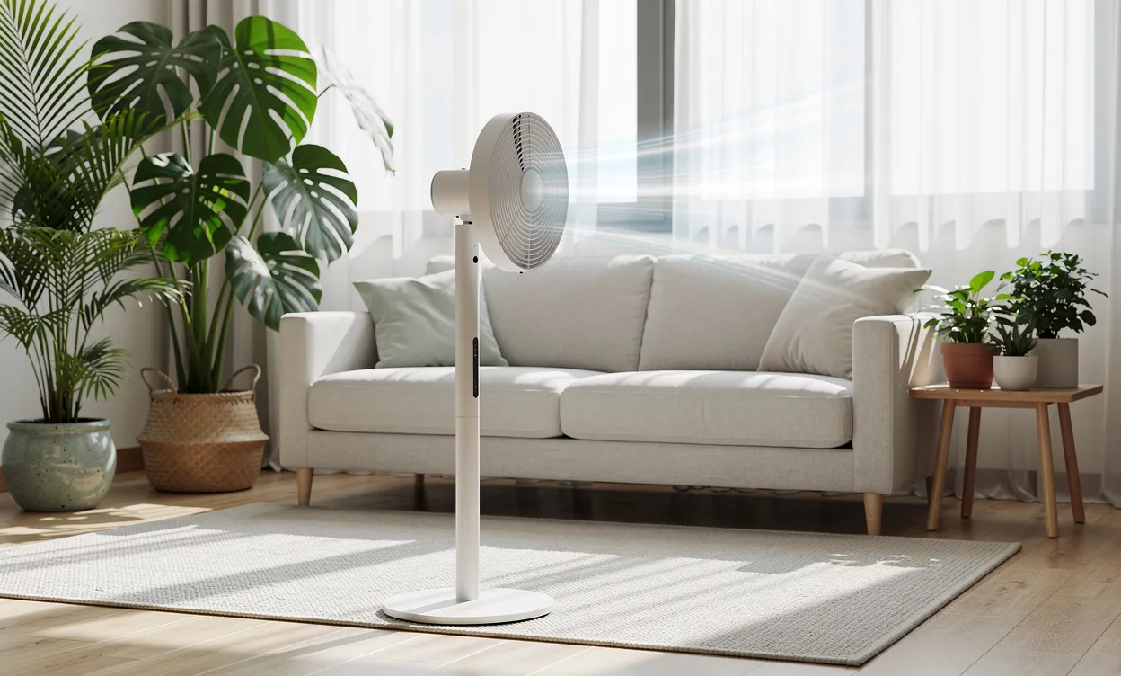 Un ventilateur moderne souffle de l’air frais dans un salon lumineux entouré de plantes vertes qui ondulent légèrement.