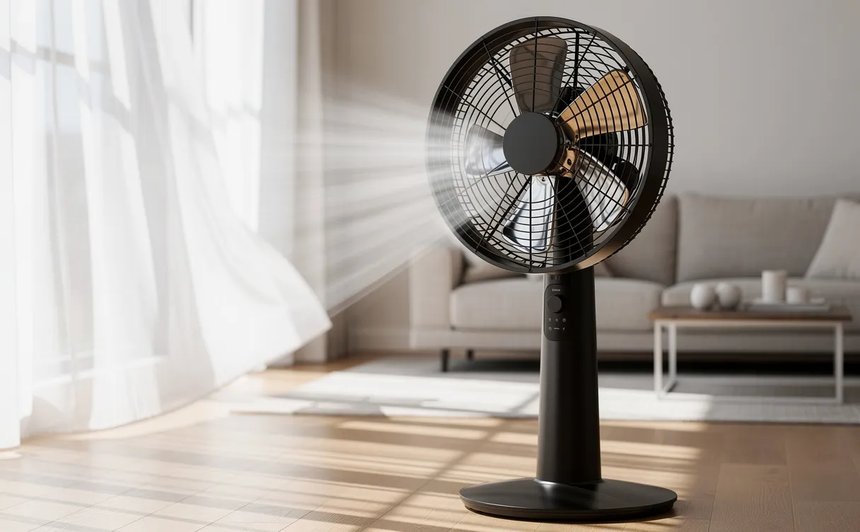 Un ventilateur sur pied moderne aux pales métalliques fait onduler de fins rideaux dans un salon lumineux.