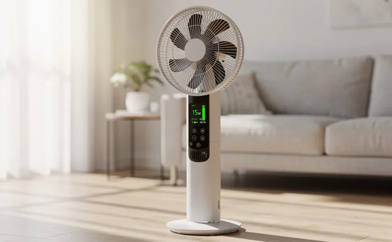Un ventilateur moderne à faible consommation posé dans un salon minimaliste baigné de lumière naturelle, avec écran numérique visible.