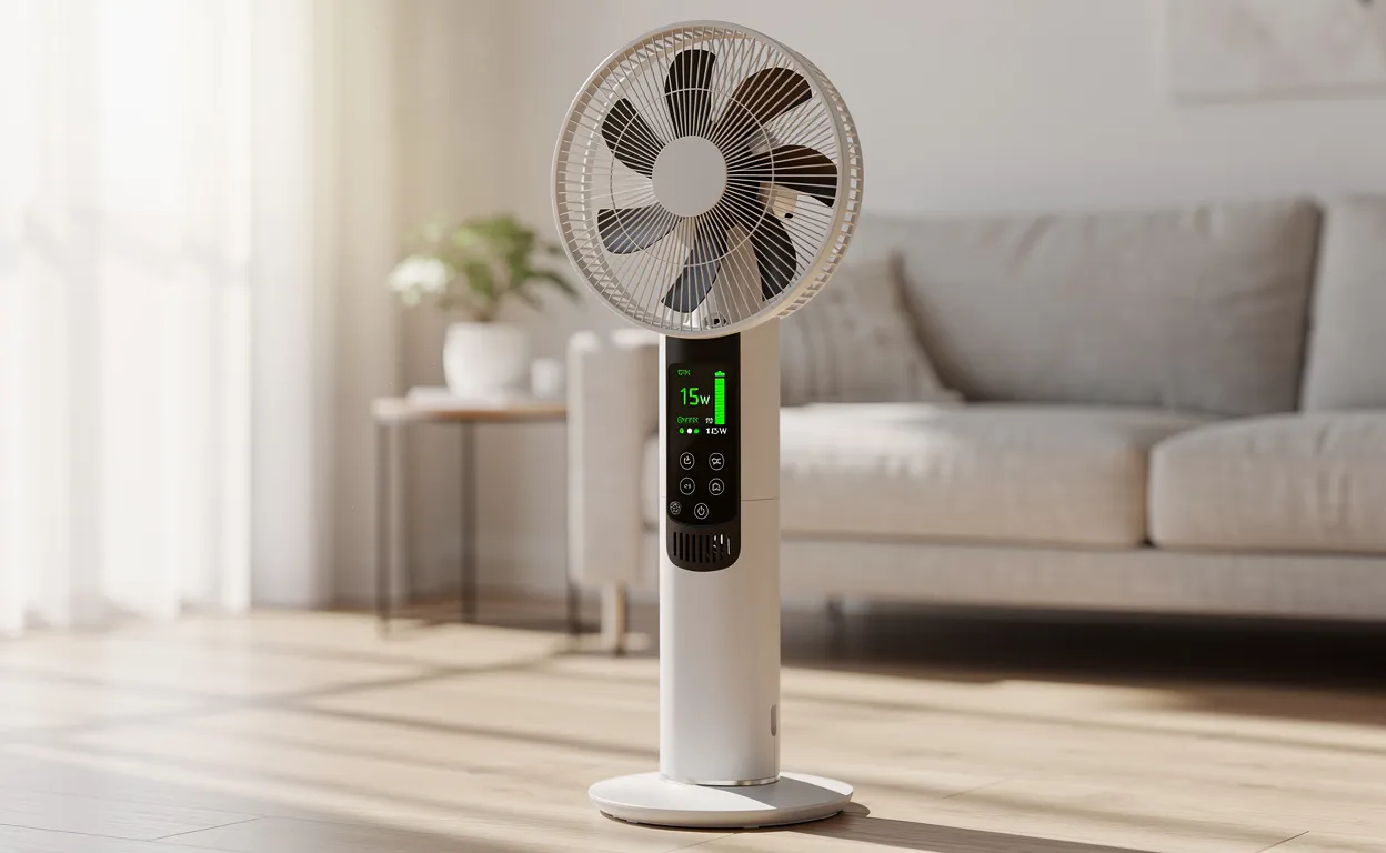 Un ventilateur moderne à faible consommation posé dans un salon minimaliste baigné de lumière naturelle, avec écran numérique visible.