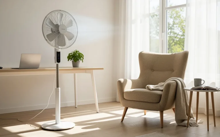 Un ventilateur moderne posé sur un bureau minimaliste près d’un fauteuil de lecture, devant une fenêtre ensoleillée, avec une lumière douce et des ombres légères.