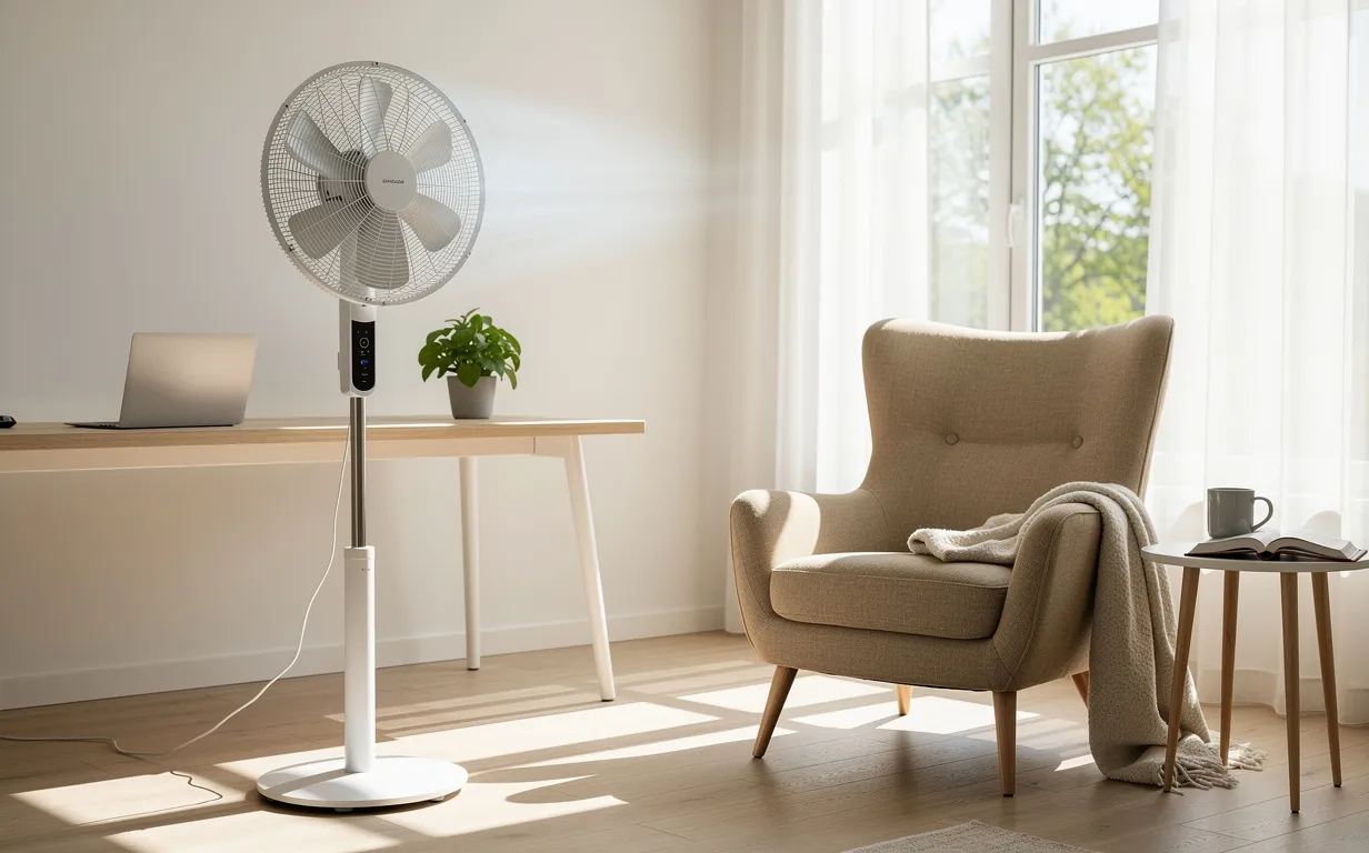 Un ventilateur moderne posé sur un bureau minimaliste près d’un fauteuil de lecture, devant une fenêtre ensoleillée, avec une lumière douce et des ombres légères.