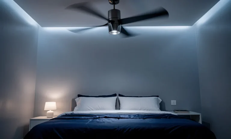 Un ventilateur de plafond moderne tourne doucement au-dessus d’un lit soigneusement fait dans une chambre paisible aux tons bleu nuit.
