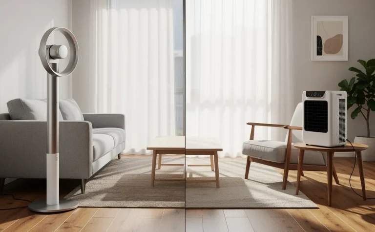 Salon moderne partagé entre un ventilateur sur pied et un rafraîchisseur d’air compact, baigné par la lumière du soleil à travers des rideaux translucides.