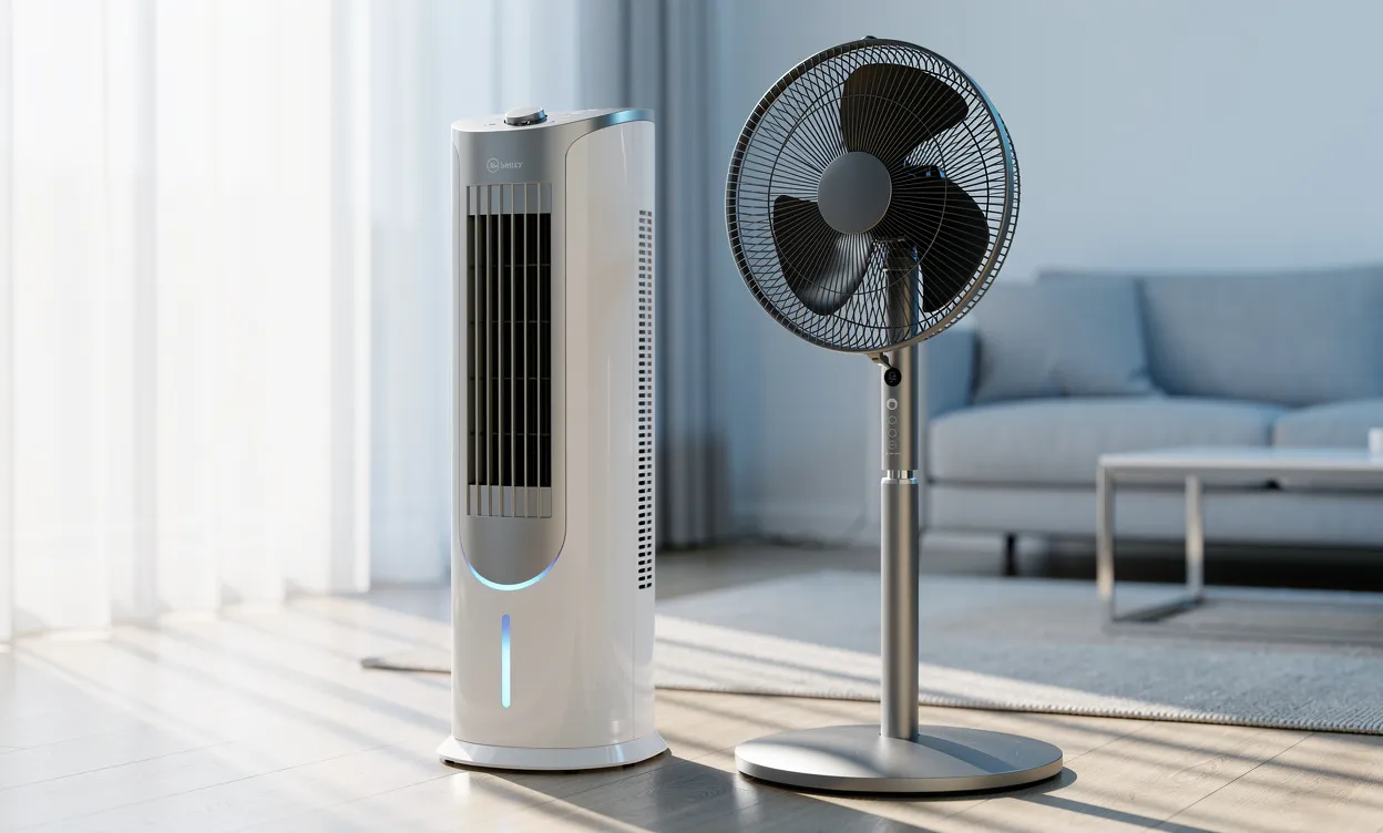 Un rafraîchisseur d’air moderne et un ventilateur élégant sont placés côte à côte dans un salon lumineux où la lumière du soleil traverse de fins rideaux.