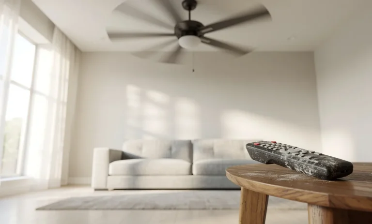 Un ventilateur de plafond moderne tourne au-dessus d’un salon lumineux tandis qu’une télécommande est posée sur une table d’appoint.