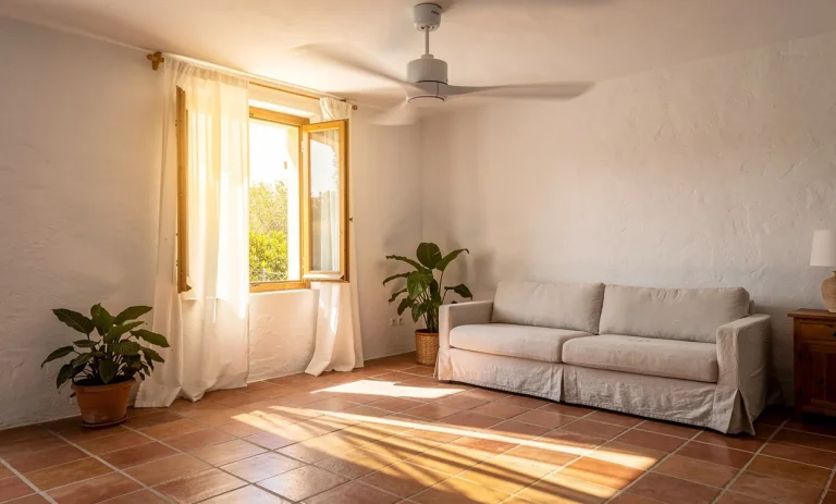 Un ventilateur de plafond moderne Faro tourne au-dessus d’un salon espagnol lumineux, projetant des ombres douces sur un sol en terre cuite.