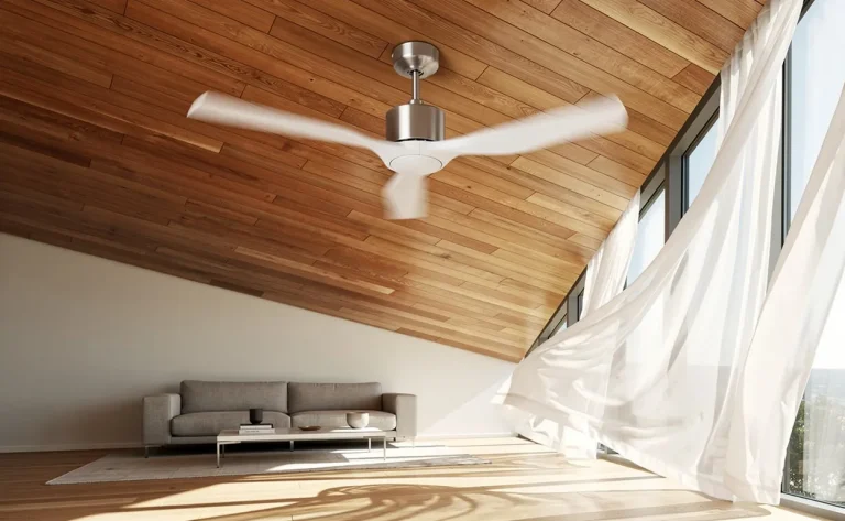 Un ventilateur de plafond moderne tourne doucement sous un plafond incliné en bois dans un salon lumineux avec des rideaux aériens.