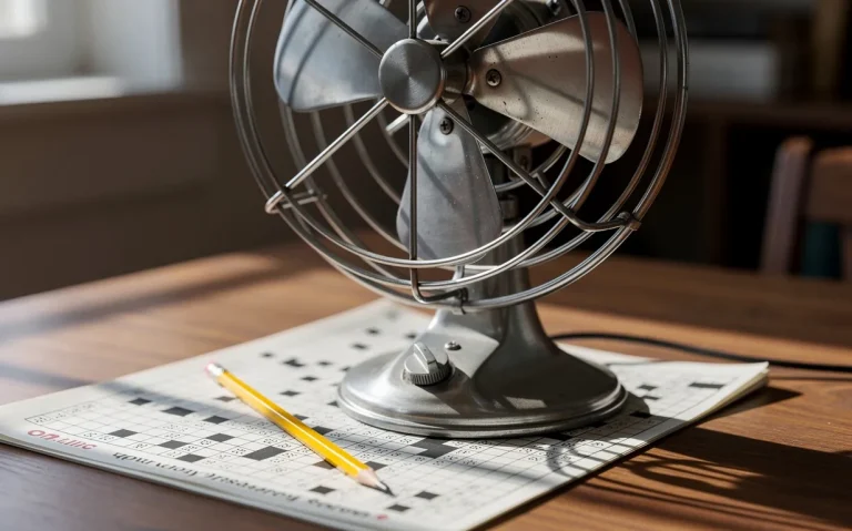 Un ventilateur de table à cinq pales métalliques posé sur une grille de mots croisés, avec un crayon à côté, éclairés par une lumière douce.