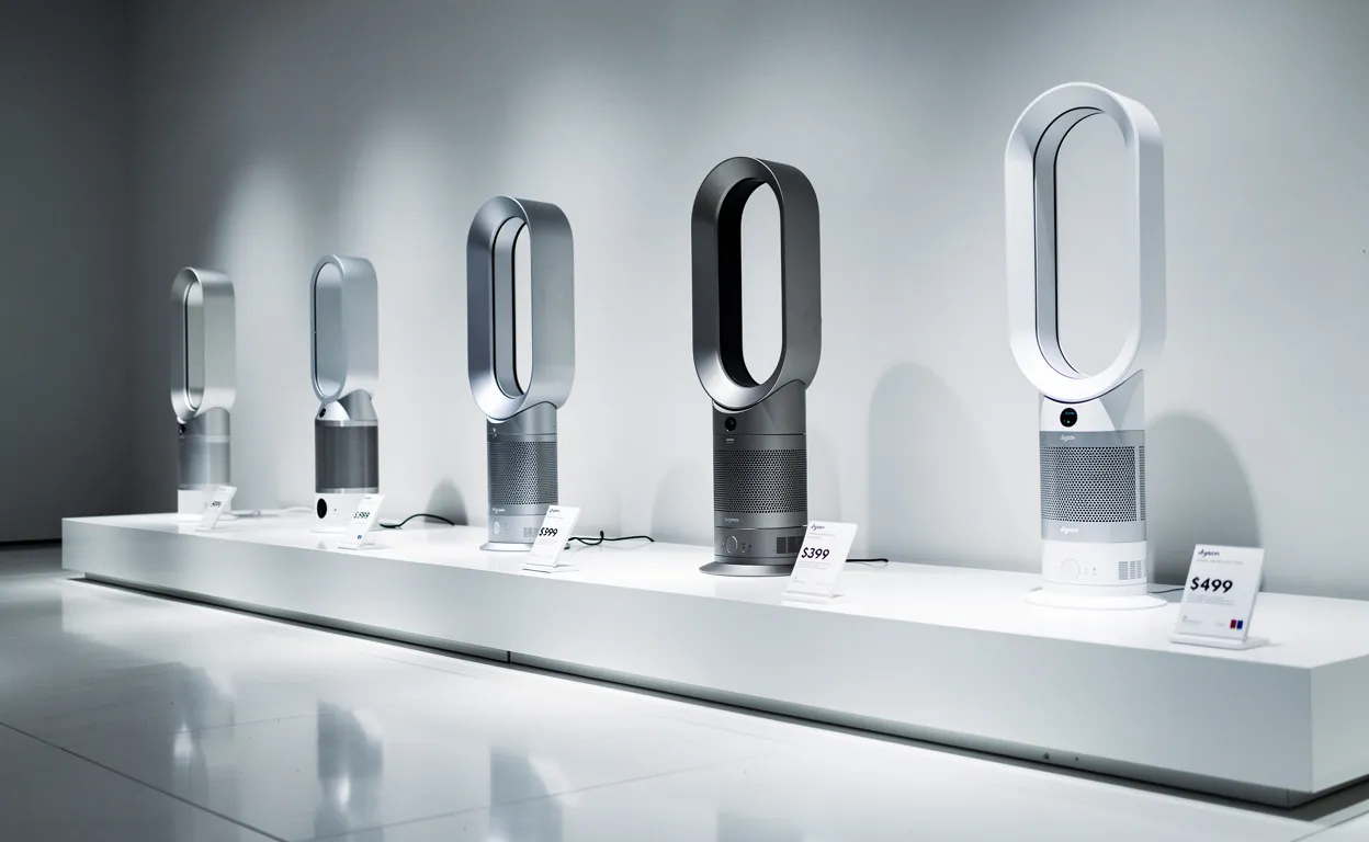 Plusieurs ventilateurs Dyson sont exposés dans un showroom moderne et épuré, chacun accompagné d’une étiquette de prix.