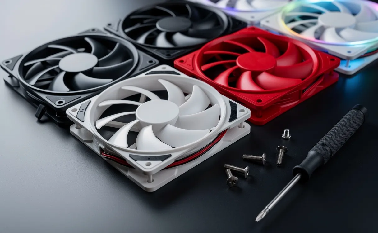 Des ventilateurs d’ordinateur colorés sont posés sur un bureau avec des vis et un tournevis, sous un éclairage doux.