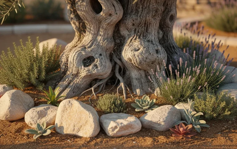 Le pied d’un olivier centenaire entouré de pierres naturelles et de plantes méditerranéennes sous une lumière dorée.