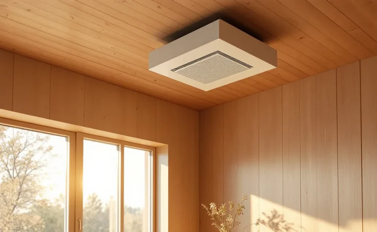 Ventilation double flux moderne intégrée au plafond d'une maison en bois minimaliste éclairée par une lumière naturelle chaleureuse.