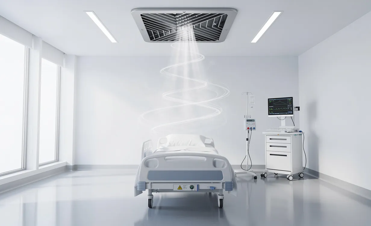 Un conduit de ventilation moderne diffuse de l’air purifié dans une chambre d’hôpital lumineuse, visible par une légère brume tourbillonnante.