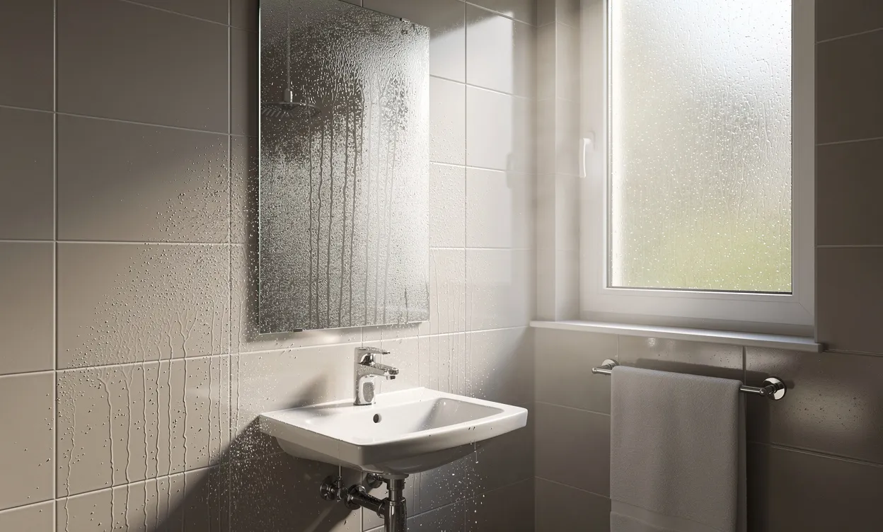 Petite salle de bain avec miroir embué, murs carrelés humides, fenêtre fermée laissant passer la lumière du soleil et ambiance légèrement humide.