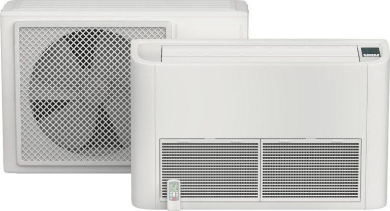 Climatiseur mobile de type console posé au sol avec télécommande