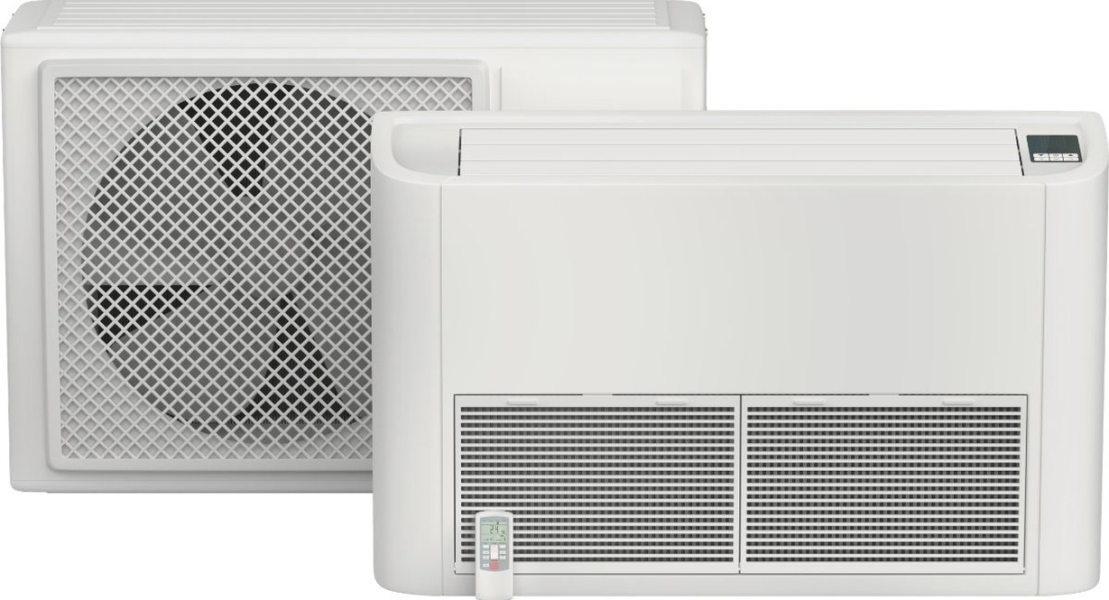 Climatiseur mobile de type console posé au sol avec télécommande