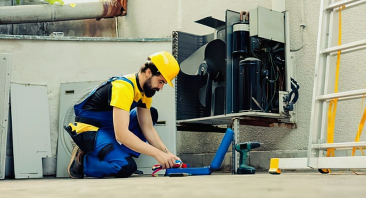 Technicien casqué agenouillé avec ses outils devant une unité de ventilation